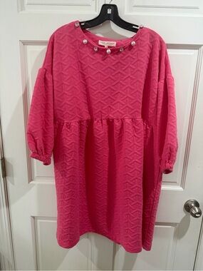 NWT Simply Southern Bright Pink Quilted Dress with Pearl Neckline Size Large